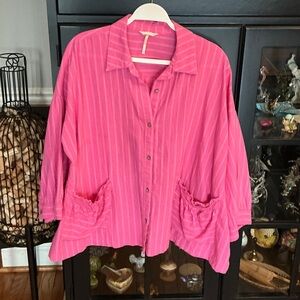 Free People Pink Striped Button-Up Top